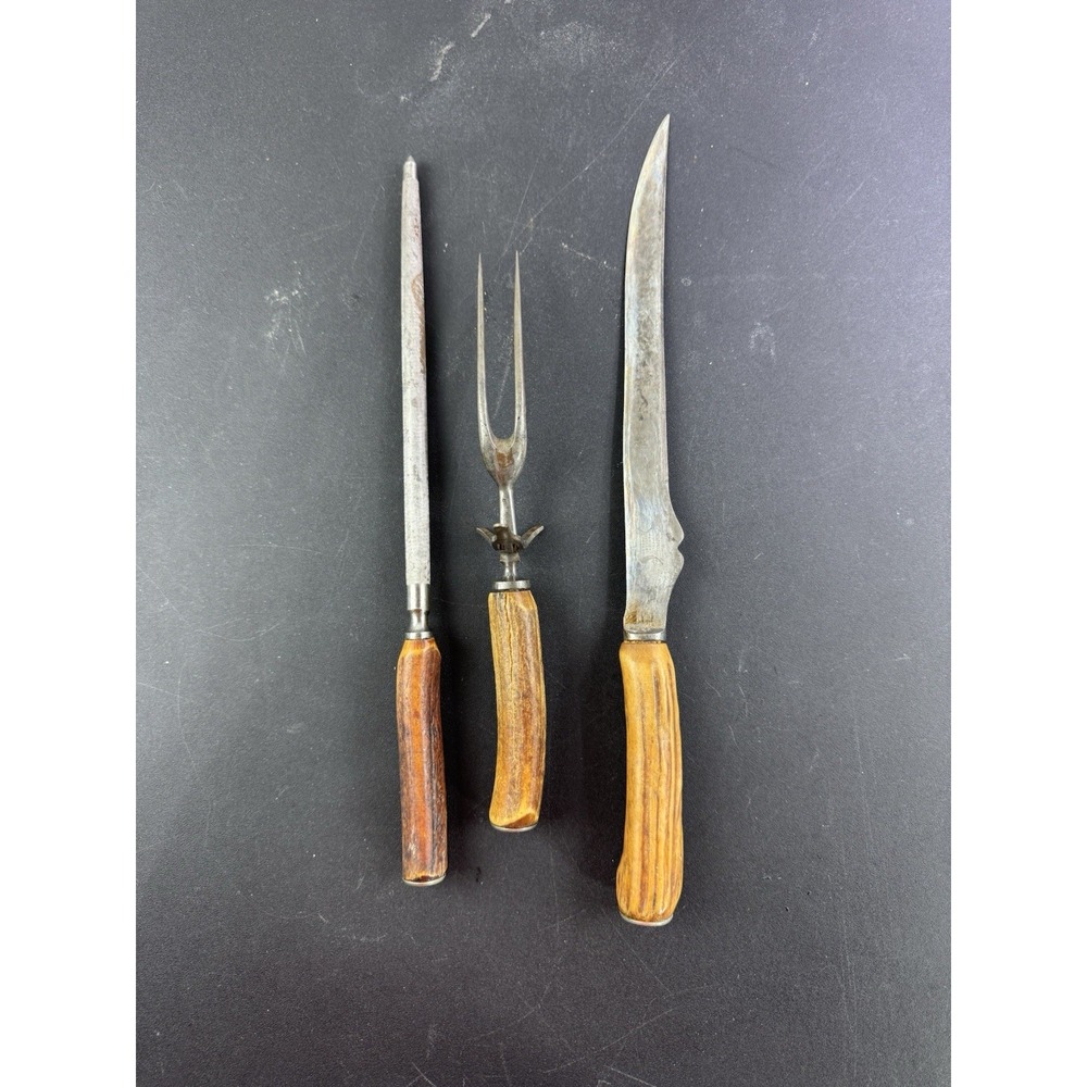 Vintage RUSSELL Deer Antler Carving Set Knife, Fork & Sharpener Holiday Serving‎